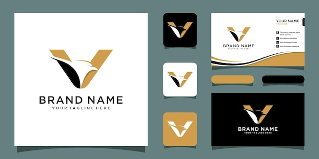 Initial V eagle logo vector design with business card design Premium Vector