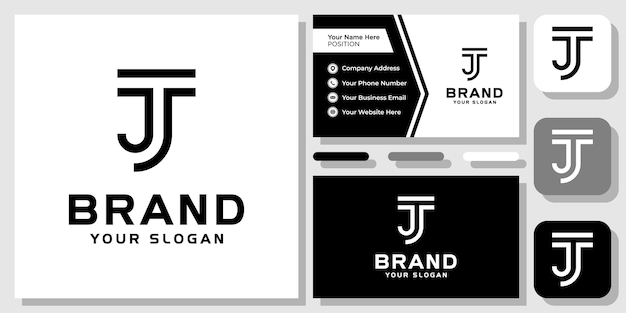 Initials Letters TJ JT Monogram Black Flat Modern Simple Logo Design with Business Card Template