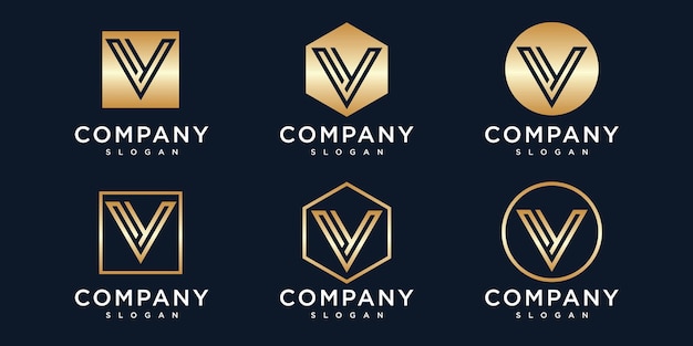 initials v logo template with a golden style color