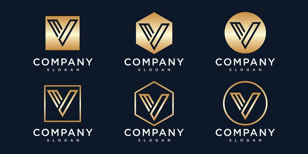 initials v logo template with a golden style color