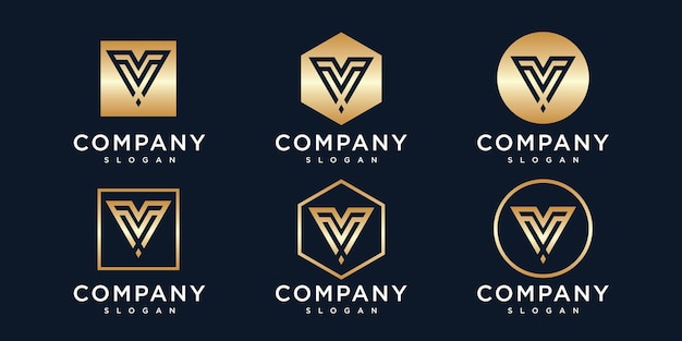 initials v logo template with a golden style color