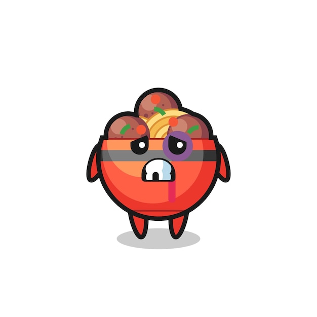 Injured meatball bowl character with a bruised face