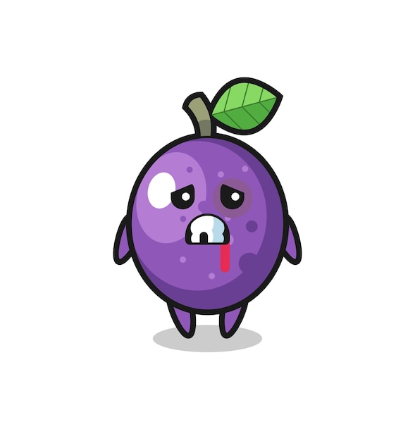 Injured passion fruit character with a bruised face