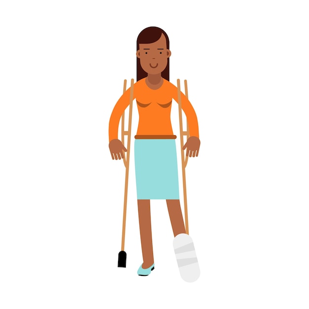 Injured young black woman with leg in plaster using crutches colorful vector Illustration on a white background