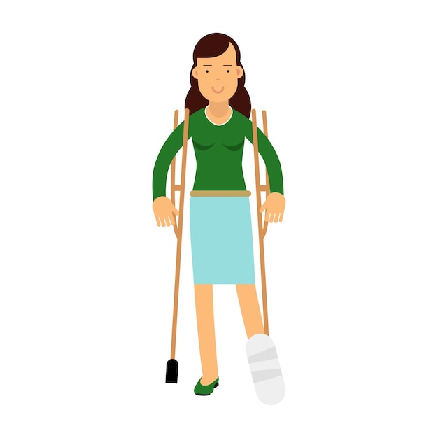 Injured young brunette woman with leg in plaster using crutches colorful vector Illustration on a white background