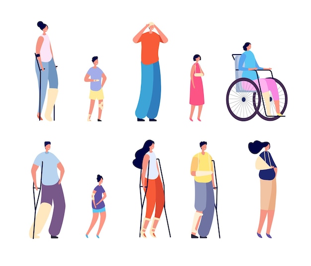 Injury characters. Hospital patients, trauma legs hands head or broken bones. Young woman recovery, isolated people with crutch vector set. Illustration rehabilitation and recovery