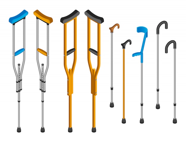 Injury crutches icon set. Isometric set of injury crutches