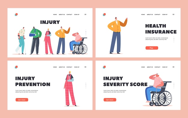 Injury Landing Page Template Set Injured Characters Woman on Wheelchair Patient with Broken Hand and Leg Handicapped Person on Crutches with Feet or Neck Bandage Cartoon People Vector Illustration