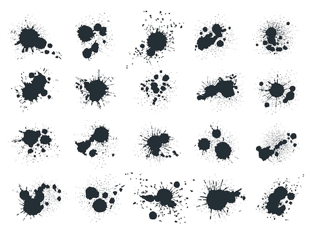 Ink blob splashes Black paint drops and spots abstract ink splatters Liquid writing ink grunge drops silhouettes flat vector illustration set