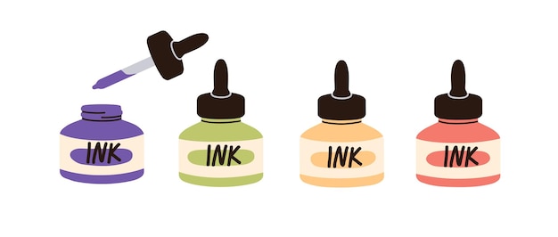 Ink bottles of different color, tincture. Open and closed containers with calligraphy essence, dropper, pipette. Flat vector illustration isolated on white background