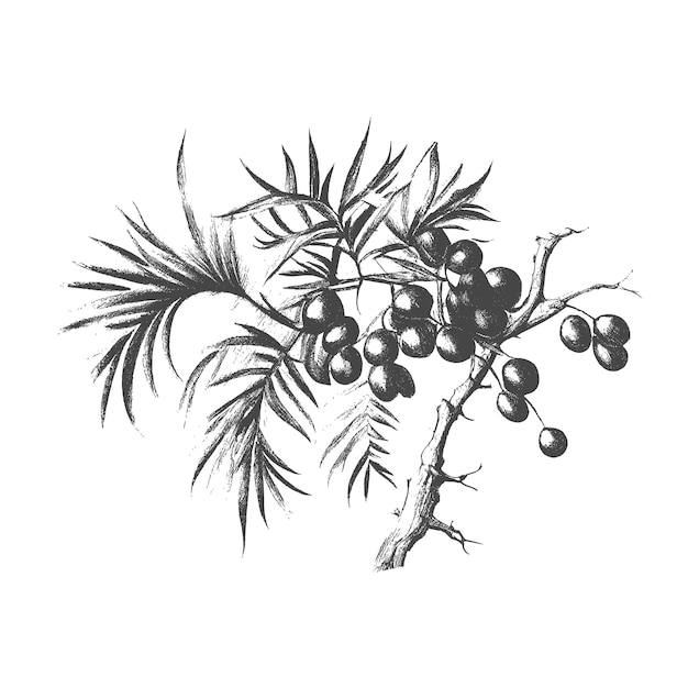 Ink drawn dates with leaves. Ripe fruits hang from the branches.