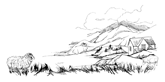 Ink hand drawn sketch vector illustration Landscape scenery of highlands countryside nature Hills lake sheep Horizontal banner composition Design for travel tourism brochure print wall art