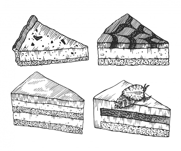 ink sketch of desserts. Hand drawn collection of cakes