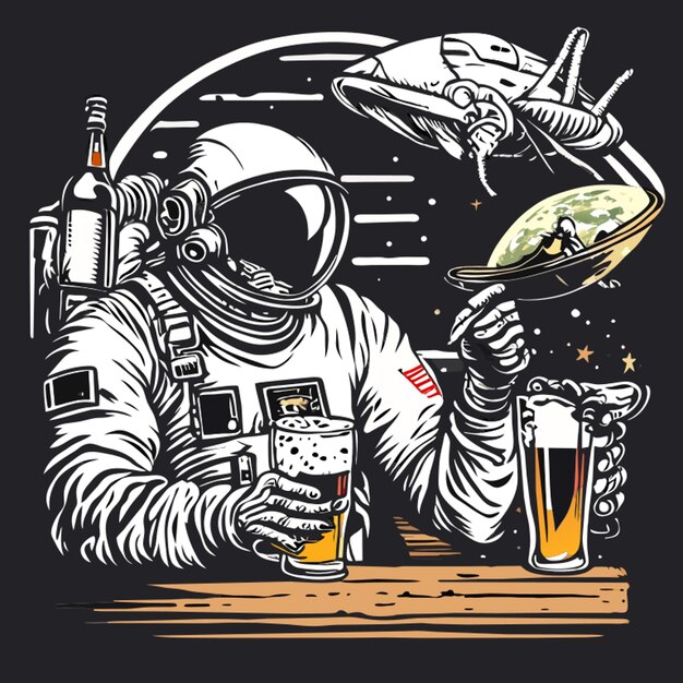 Vector ink sketch style alien drinking beer next to an astronaut in wooden pub detailed colorful t