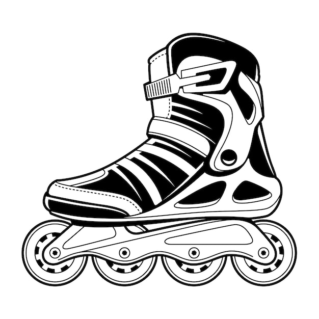 Inline roller skate technical line art  on white. Black and white  illustration.