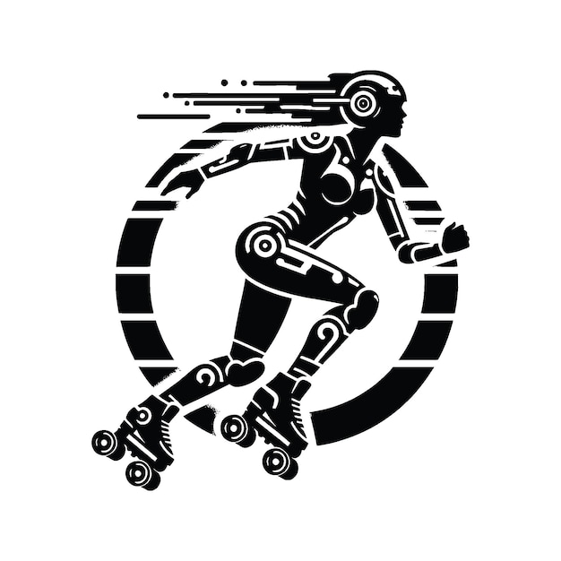 Vector inline skating roller skate female player in cyberpunk pattern illustration emblem shield badge