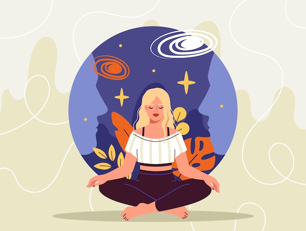 Vector inner world concept woman sitting in lotus position meditation and concentration young girl with