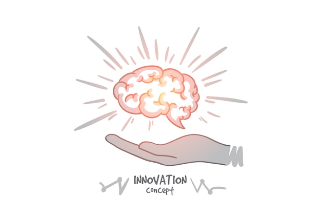 Innovation concept. Hand drawn humans brain in hands. Brain as a symbol of creativity and ideas isolated illustration.