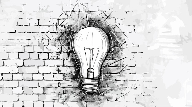 Vector innovative light bulb on textured brick surface hand drawn art