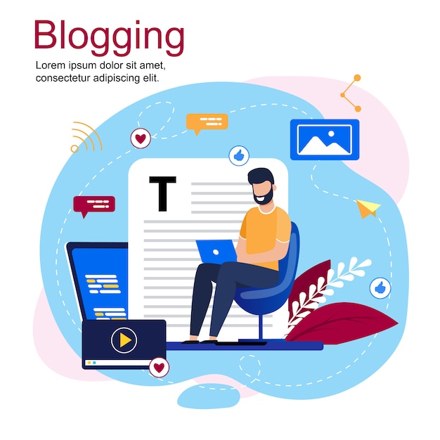   Inscription Blogging Cartoon and Bearded Man Sitting in Chair with Laptop