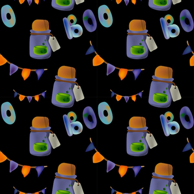 The inscription Boo for Halloween cards. Vector Illustration for Halloween. potion in a bottle. seam