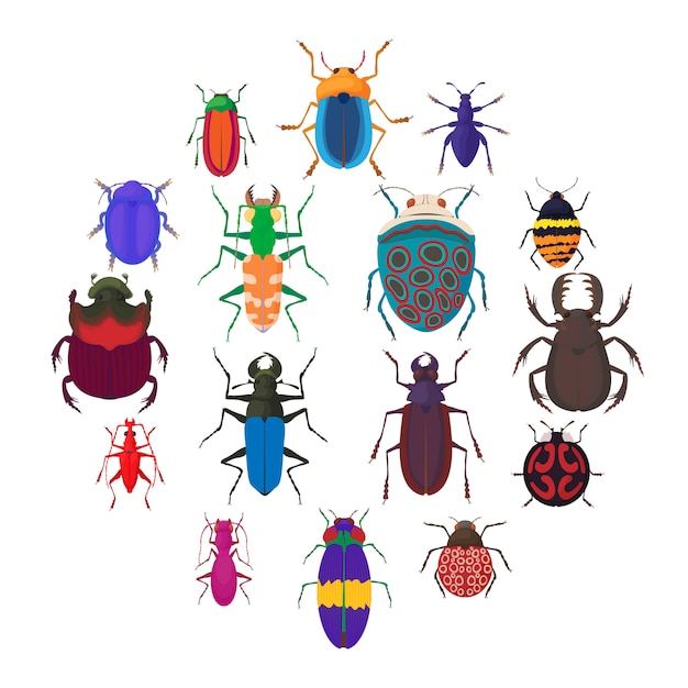 Insect bug icons set, cartoon style