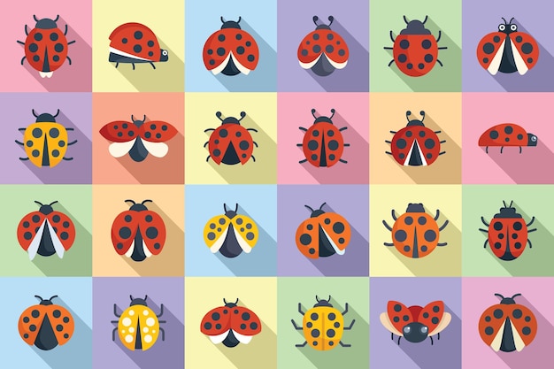 Insect ladybird icons set flat vector Child fly