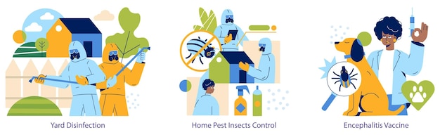 Vector insect pest control set illustrates exterminators in action and vaccination for encephalitis