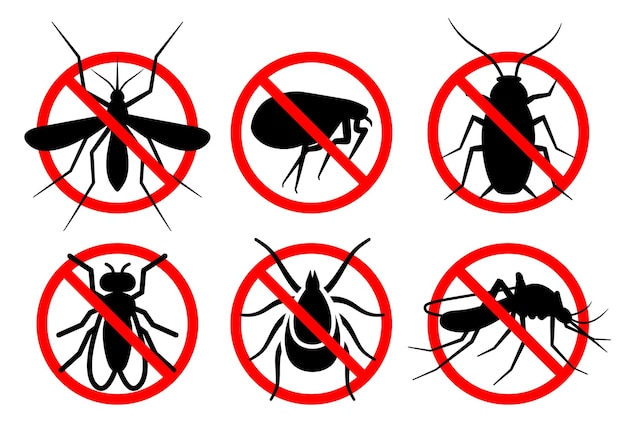 Insect pests in a prohibitory sign Pest control icons Vector set