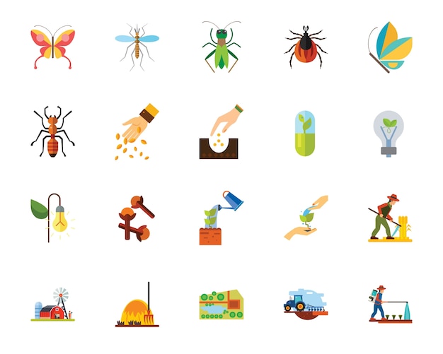 Insects and agriculture icon set