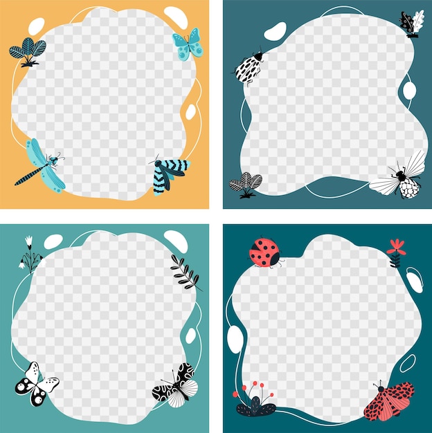 Insects, butterflies, beetles, flowers. Set of vector frames in the form of a spot in a flat cartoon style. Template for children's photos, postcards, invitations.