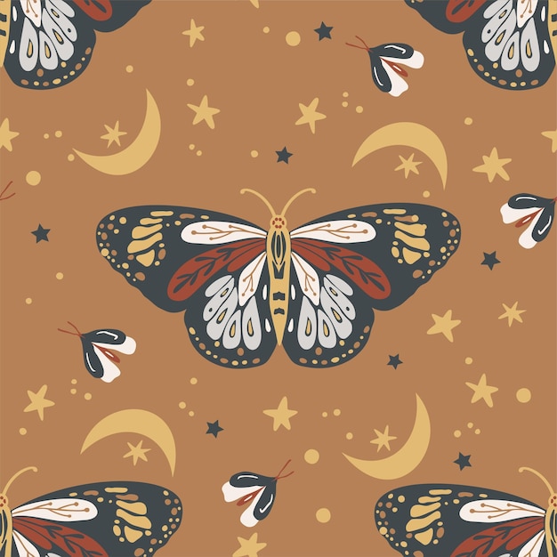 Insects butterfly seamless vector pattern. Mystic moth background. Bohemian vintage mystic graphic.