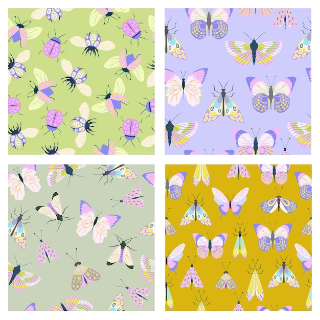 Insects seamless pattern collection Butterfly bugs moth texture Editable vector illustration