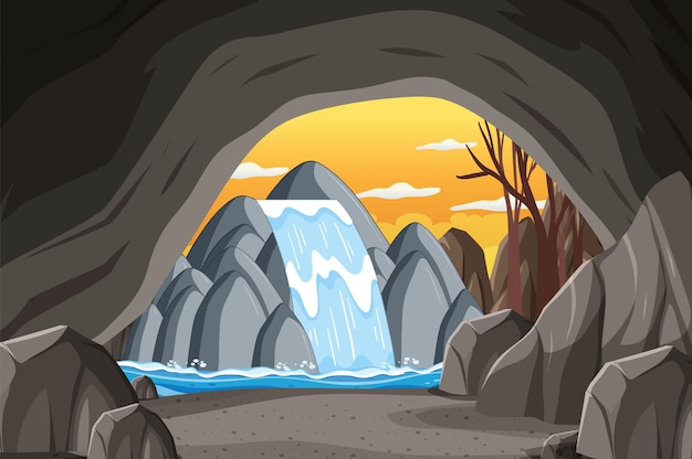 Inside cave landscape in cartoon style