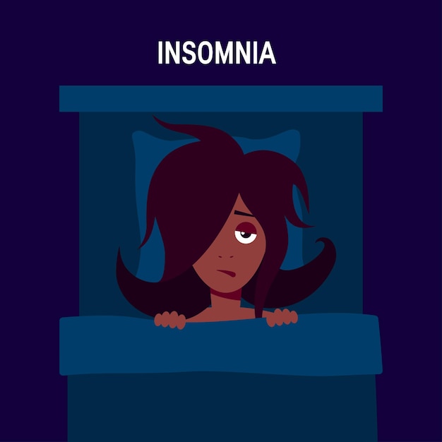 Insomnia concept Black girl lying in the bed and trying to sleep