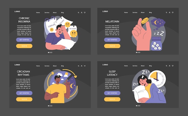 Insomnia dark or night mode web landing set diverse characters suffering from sleep deprivation
