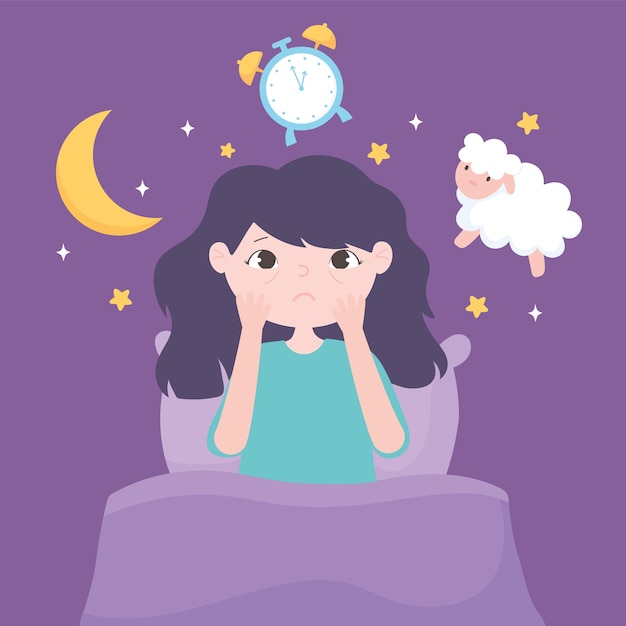 Insomnia, girl sitting on bed sheep clock moon vector illustration