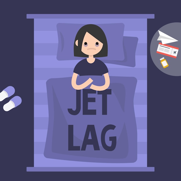 Insomnia. Jet Lag. Young exhausted female character lying in the bed. Flat editable vector illustration, clip art