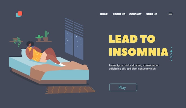 Insomnia Landing Page Template Female Character with Mobile Phone in Bed Young Woman Lying in Bed with Smartphone