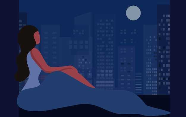 Insomnia woman sitting on bed at night vector illustration Sleepless woman suffering from insomnia