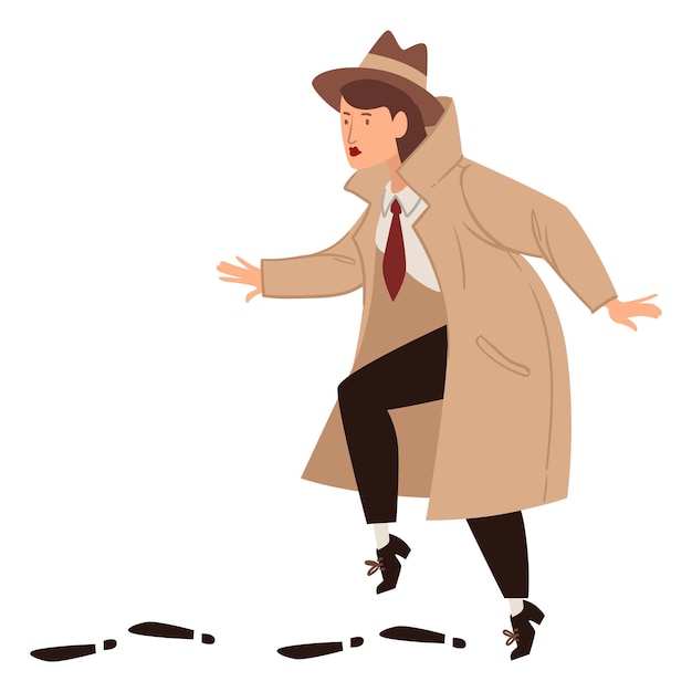 Inspector working undercover wearing cloak and hat, isolated female personage tracing suspect. Private detective or agent at dangerous work. Vintage and old fashioned character, vector in flat style