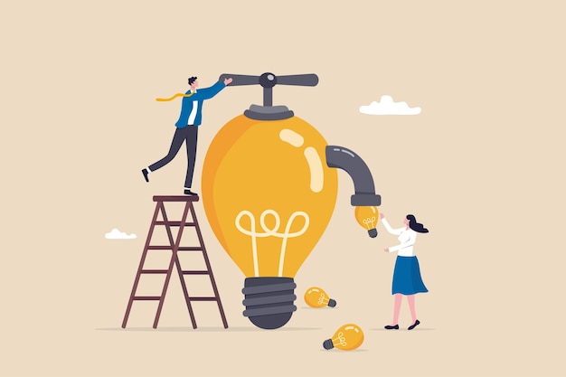 Inspiration ideas, mentorship or coaching to motivate or guidance business solution, creativity and innovation to help grow business concept, businessman manager turn lightbulb valve to provide ideas.