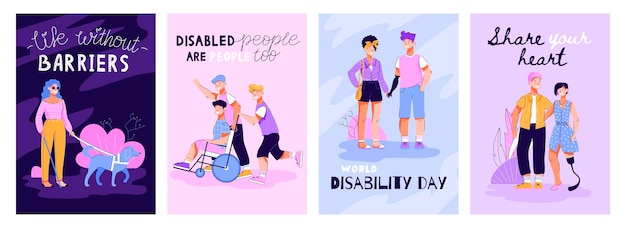 Inspirational cards set for world disabled day flat cartoon vector illustration