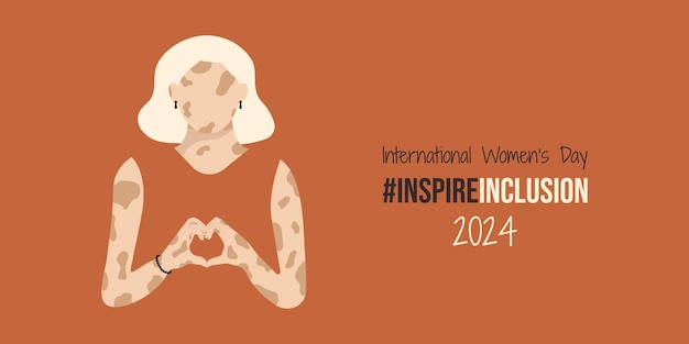 Inspire Inclusion International Womens Day banner Minimalist illustration with InspireInclusion slogan and girl with vitiligo or depigmentation skin Woman fold her hands with heart for IWD 2024