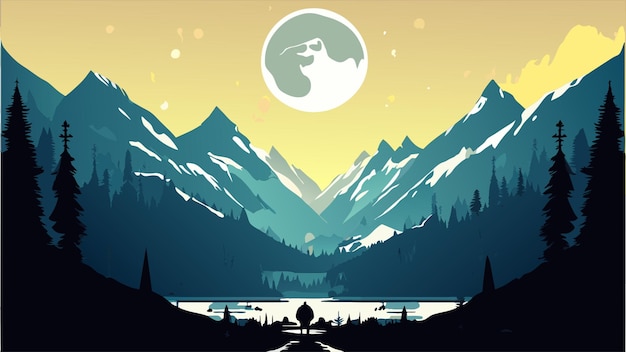 Vector inspired by the witcher 3 parallax view of a vast valley and mountain ranges at a distance moon