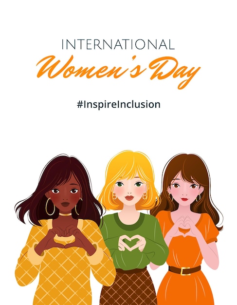 Inspireinclusion 2024 International Womens Day vertical banner with young diverse ethnicity women