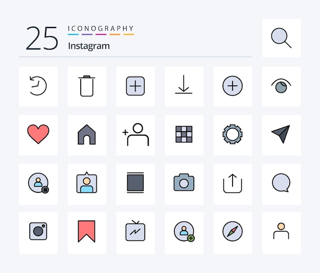 Instagram 25 Line Filled icon pack including view contact sets add twitter