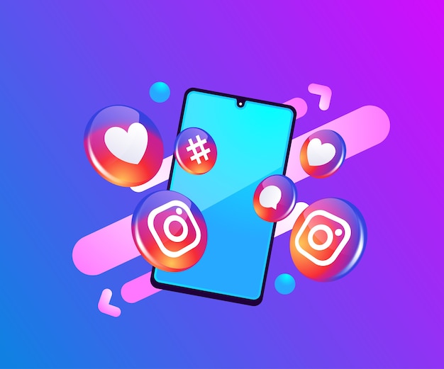 Instagram 3d social media icons with smartphone symbol