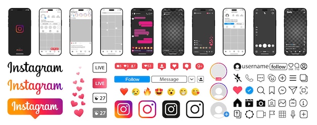 Instagram app interface in Iphone screen, icons, emoticons. Instagram mockup in iPhone.