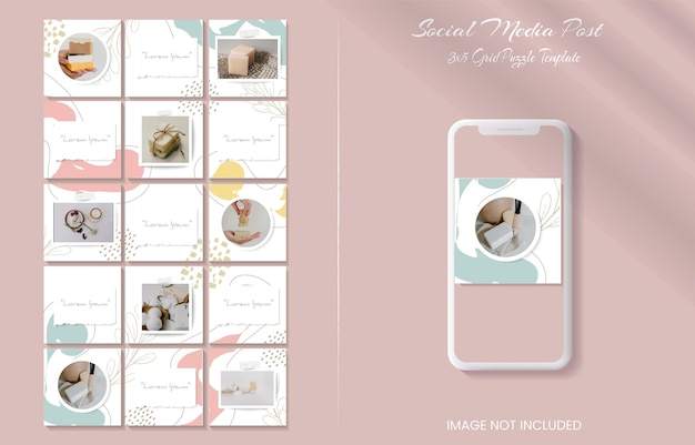 Instagram grid puzzle feed post template with aesthetic background